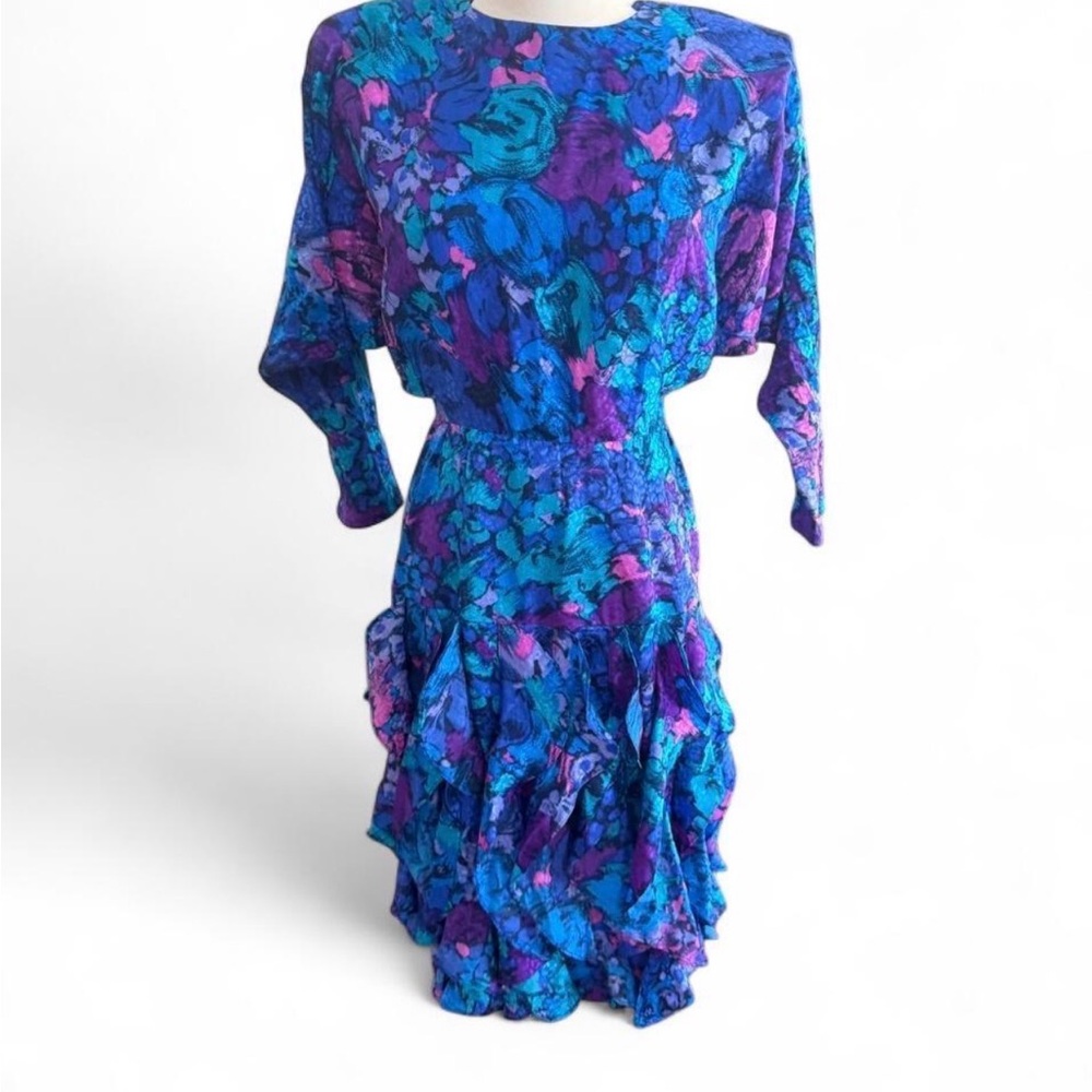 Blue & Purple Floral Ruffle Midi Dress - Women